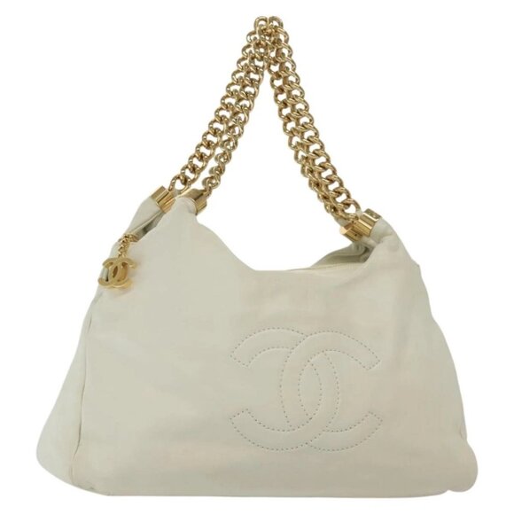 CHANEL COCO Mark Chain Shoulder Bag Lamb Skin White Gold CC Auth BA4593 - Picture 1 of 16